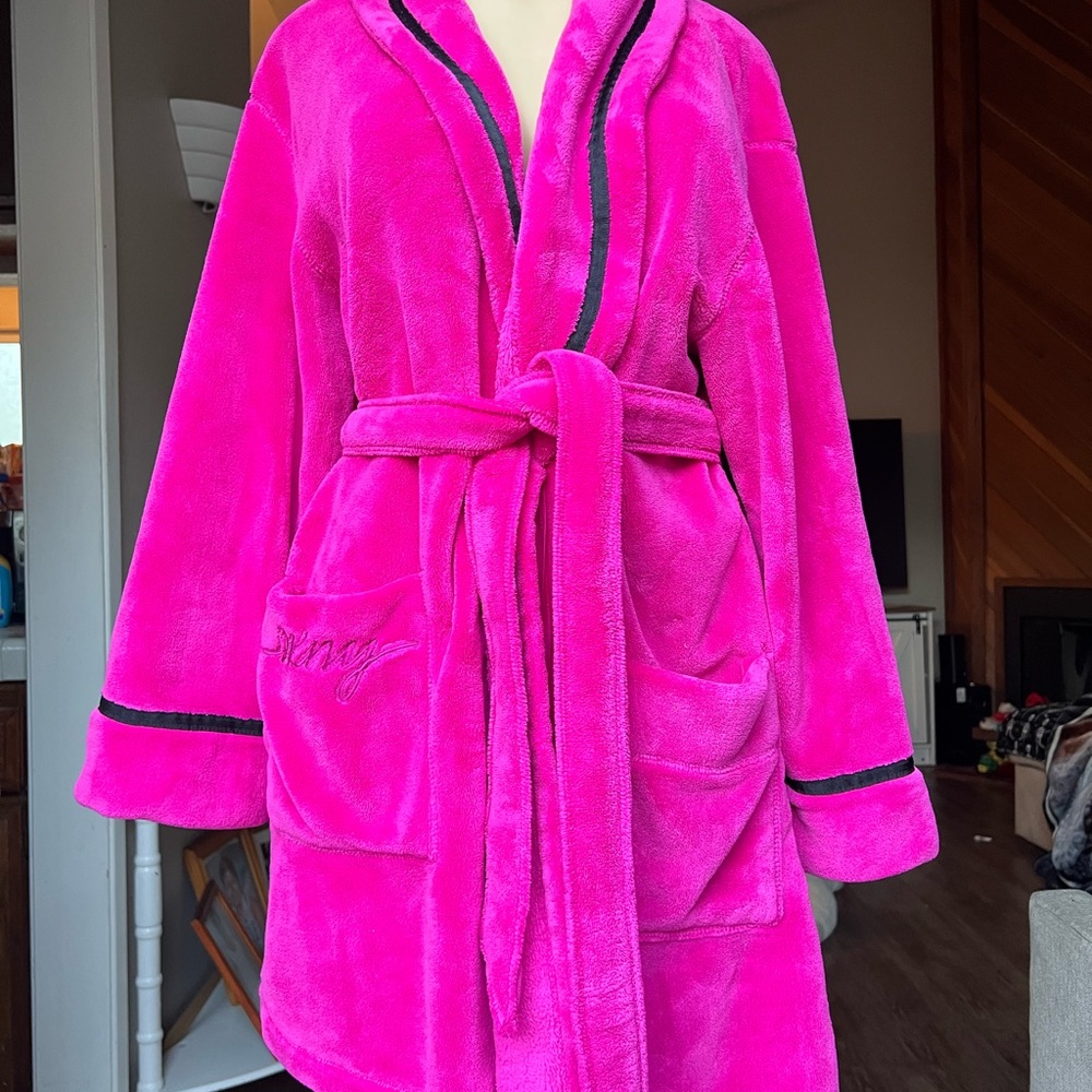 DKNYC Pink Plush Robe with Black Trim